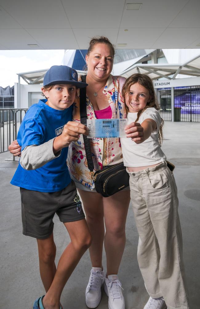 Launceston mum Katie Brown with her children Huon Brown 10 and Winter Brown 9 at Ninja Stadium. Picture: Caroline Tan