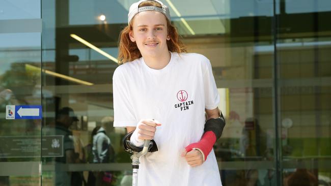 Months after he fell from cliffs at Warriewood Blowhole, 17-year-old Blake Hayes walks out of RNS hospital with the aid of only a crutch.