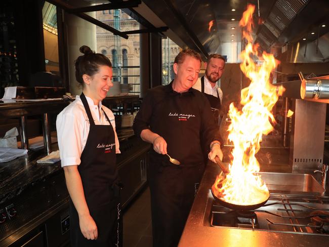 Chef Luke Mangan with Natalie Murphy and Dylan Grosas in the kitchen at Glass Brasserie.