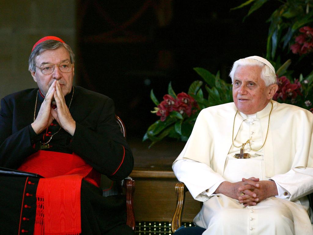 Pell and Pope Benedict in Sydney in 2008. Picture: Getty