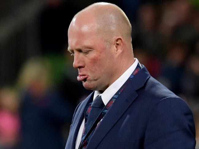 Coach Tony McGahan of the Rebels watches the warmup before the Round 14 Super Rugby match between the Melbourne Rebels and the Crusaders at AAMI Park in Melbourne, Saturday, May 27, 2017. (AAP Image/Tracey Nearmy) NO ARCHIVING, EDITORIAL USE ONLY