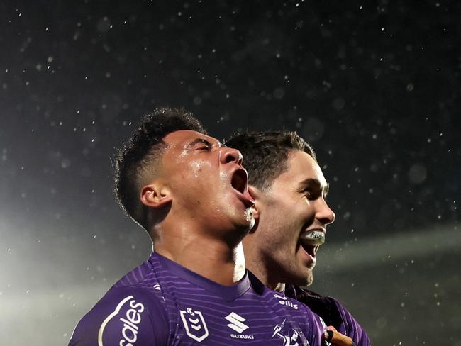 AUCKLAND, NEW ZEALAND – JUNE 15: Dean Ieremia of the Storm celebrates after scoring a try during the round 15 NRL match between New Zealand Warriors and Melbourne Storm at Go Media Stadium Mt Smart, on June 15, 2024, in Auckland, New Zealand. (Photo by Hannah Peters/Getty Images)