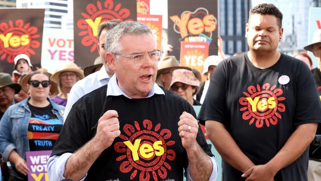 Senator Murray Watt speaks, Leeanne Enoch, and Jim Chalmers, and Yes Voice campaign supporters in Brisbane. Picture: Steve Pohlner