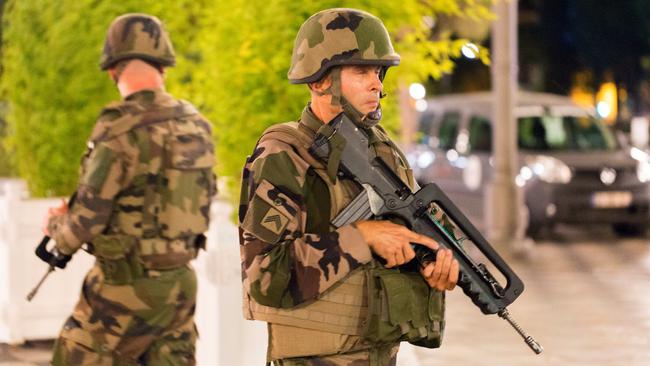 French soldiers stand guard by the sealed off area after the attacks in Nice, which left at least 84 dead. Picture: Ciaran Fahey/AP