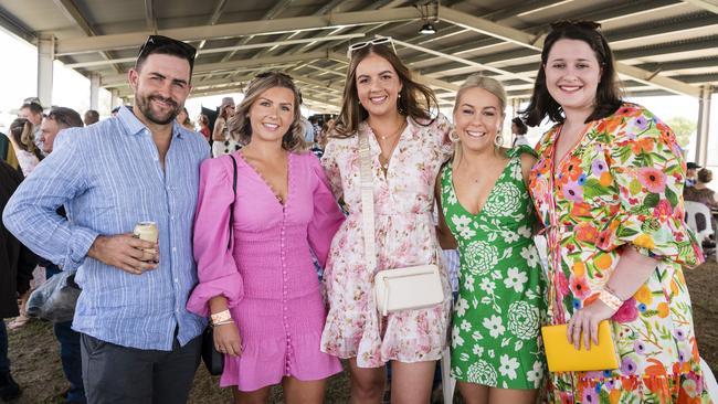 Clifton locals (from left) Alex Morris, Jane Shooter, Amy Morris, Ashleigh McLean and Bridie Shooter at the Clifton Races, Saturday, October 28, 2023. Picture: Kevin Farmer