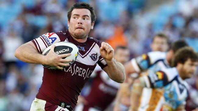 Manly's Jamie Lyon in action at the Round 23 NRL match between the Gold Coast Titans and the Manly Sea Eagles, at CBUS Super Stadium, Robina. Picture: JERAD WILLIAMS