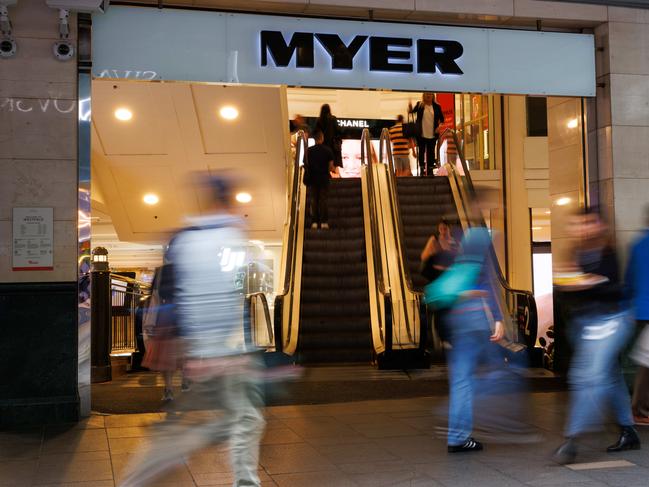 SYDNEY, AUSTRALIA - NewsWire Photos MAY 10 2024. GENERIC. Shoppers walk past the entrance to the Myer department store in Pitt St Mall. Economy, cost of living, budget, shopping, retail. Picture: NCA NewsWire / Max Mason-Hubers