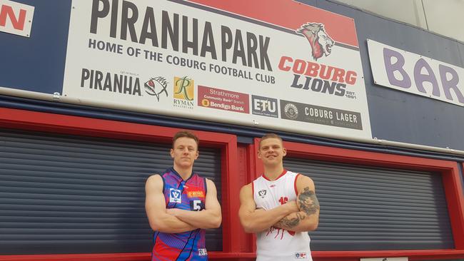 Coburg's Ryan Exon and Northern's Tynan Smith prepare for the Battle of Bell St. Picture: Ben Higgins