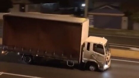 The stolen and unregistered truck drove with two busted tyres from the M1 at Mudgeeraba across the border, and back up along the Gold Coast highway, stopping at Palm Beach. Photo: Facebook — Bradley Cowper