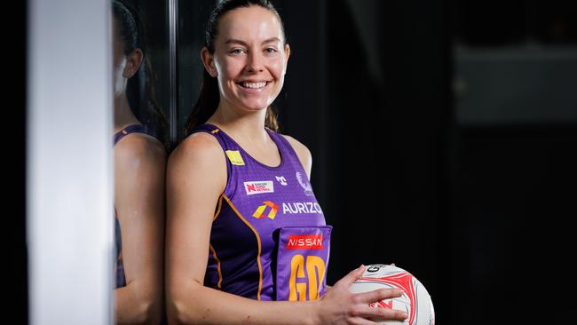 HOLD FOR SUNDAY MAIL 6/4.  Firebirds co-captain Ruby Bakewell-Doran at Nathan Arena ahead of the start of the 2025 Super Netball season. Picture Lachie Millard