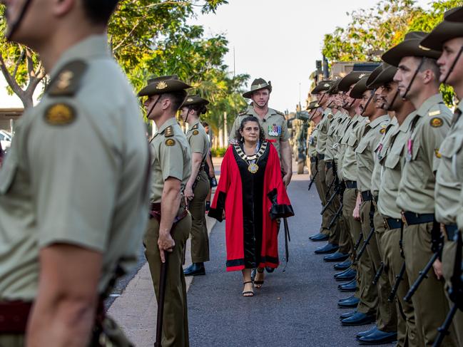 Mayor Athina Pascoe-Bell inspecting the parade with Commanding Officer of 8th/12th Regiment, Lieutenant Colonel Sam Colclough at the Freedom of Entry through Palmerston on Friday. Picture: Pema Tamang Pakhrin