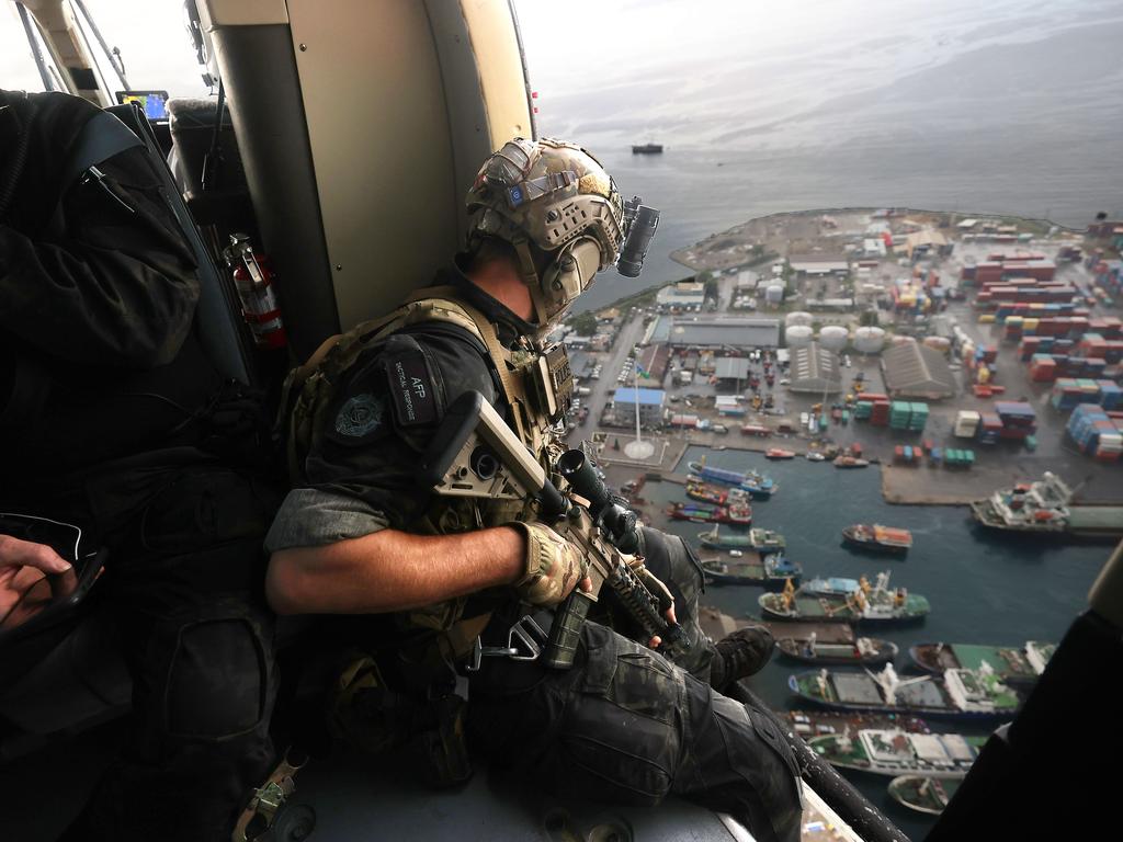 AFP Tactical Response in the air over Honiara. Photo: Gary Ramage