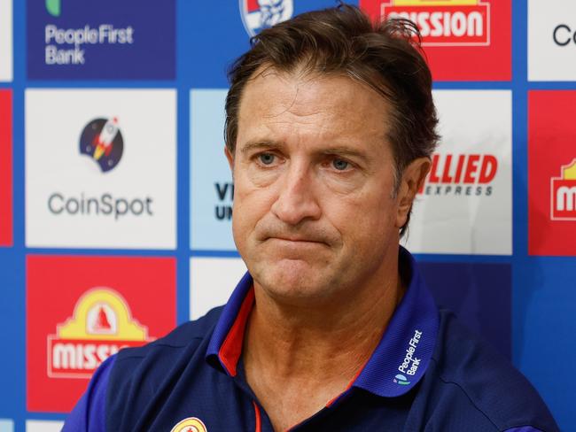 MELBOURNE, AUSTRALIA - MARCH 17: Luke Beveridge, Senior Coach of the Bulldogs speaks to the media during the 2024 AFL Round 01 match between the Melbourne Demons and the Western Bulldogs at the Melbourne Cricket Ground on March 17, 2024 in Melbourne, Australia. (Photo by Dylan Burns/AFL Photos via Getty Images)