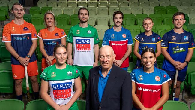 Australian hockey icon Ric Charlesworth with representatives from the Ric Charlesworth Classic from top left, Tom Harvie (Outbacks), Jemma Buckley (Outbacks), Frazer Gerrard (Highlanders), Tim Geers (Suns), Sarah Byrnes (Breakers), Brayden King (Breakers), from bottom left, Belle Ramshaw (Highlanders), Shanea Tonkin (Suns). Picture: Ryan Ammon/Hockey WA