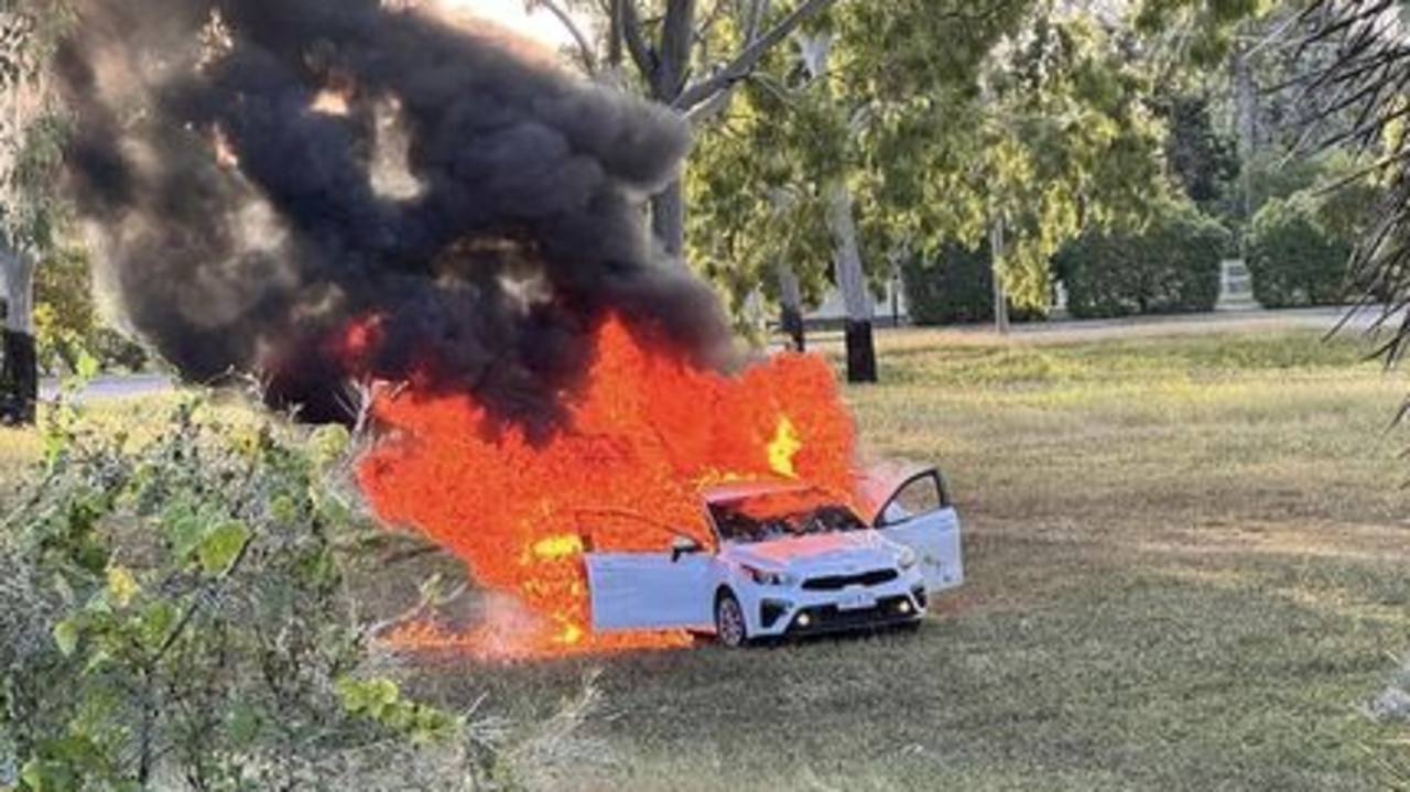 A white stolen vehicle on fire in Cranbrook 5pm. Photo: Damien Pattel