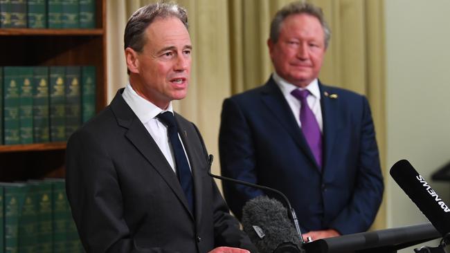 Health Minister Greg Hunt, left, and Andrew Forrest during the controversial press conference in Melbourne on Wednesday. Picture: AAP