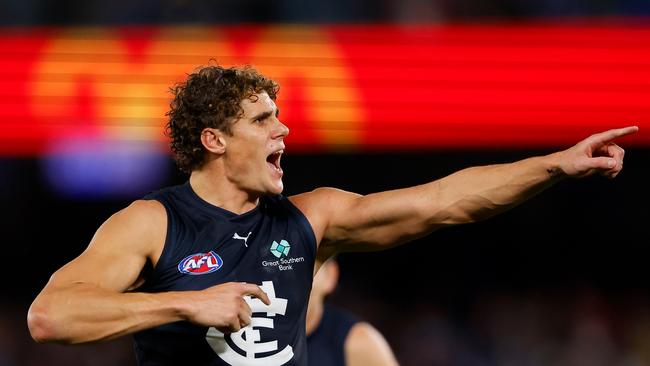 Charlie Curnow kicked 6.2 against North Melbourne on Good Friday. Picture: Dylan Burns/AFL Photos via Getty Images