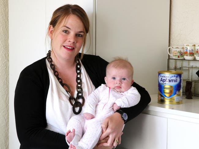 Sydney mum Victoria Downey feeds her daughter Miranda Aptamil formula. Picture: Mike Dugdale