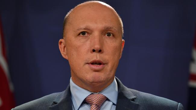 Minister for Home Affairs Peter Dutton speaks to the media during a press conference in Sydney, Thursday, June, 20, 2019. (AAP Image/Dean Lewins) NO ARCHIVING