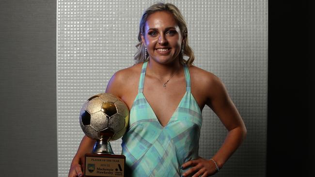 Mackenzie Hawkesby after receiving the A-League Women's Player of the Year Award. (Photo by Jason McCawley/Getty Images)