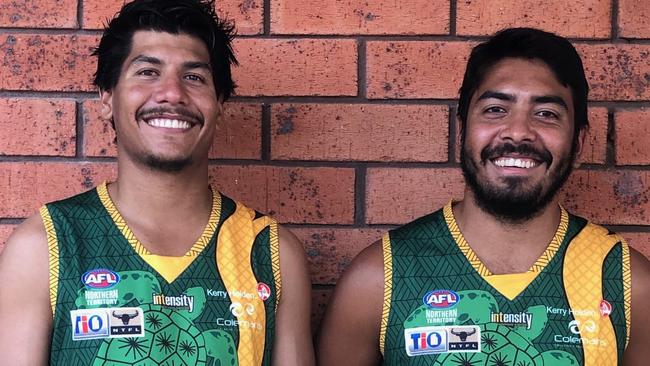 Ben and Shannon Rioli in their family's 1000-game St Mary’s jumper. Picture: St Marys Football Club