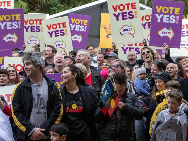 Yes campaign supporters in Adelaide. Picture: Emma Brasier