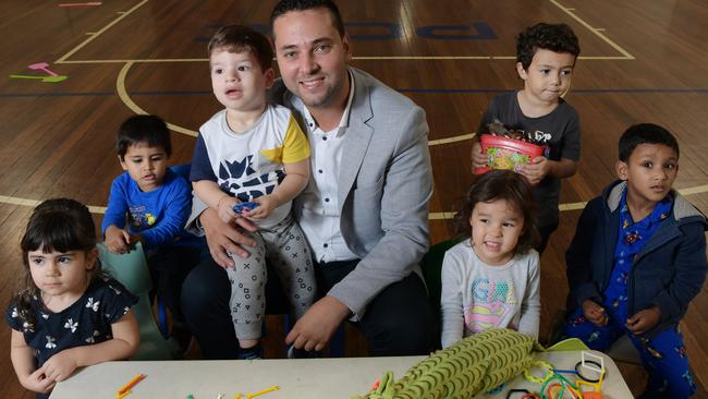 Canterbury Bankstown councillor Bilal El-Hayek at work at PCYC Bankstown with Ella Chapel, Jonathon Simon, Andrew Terzis, Victoria Tsoi, Isaac Simon and Ahyan Islam. Picture: Simon Bullard