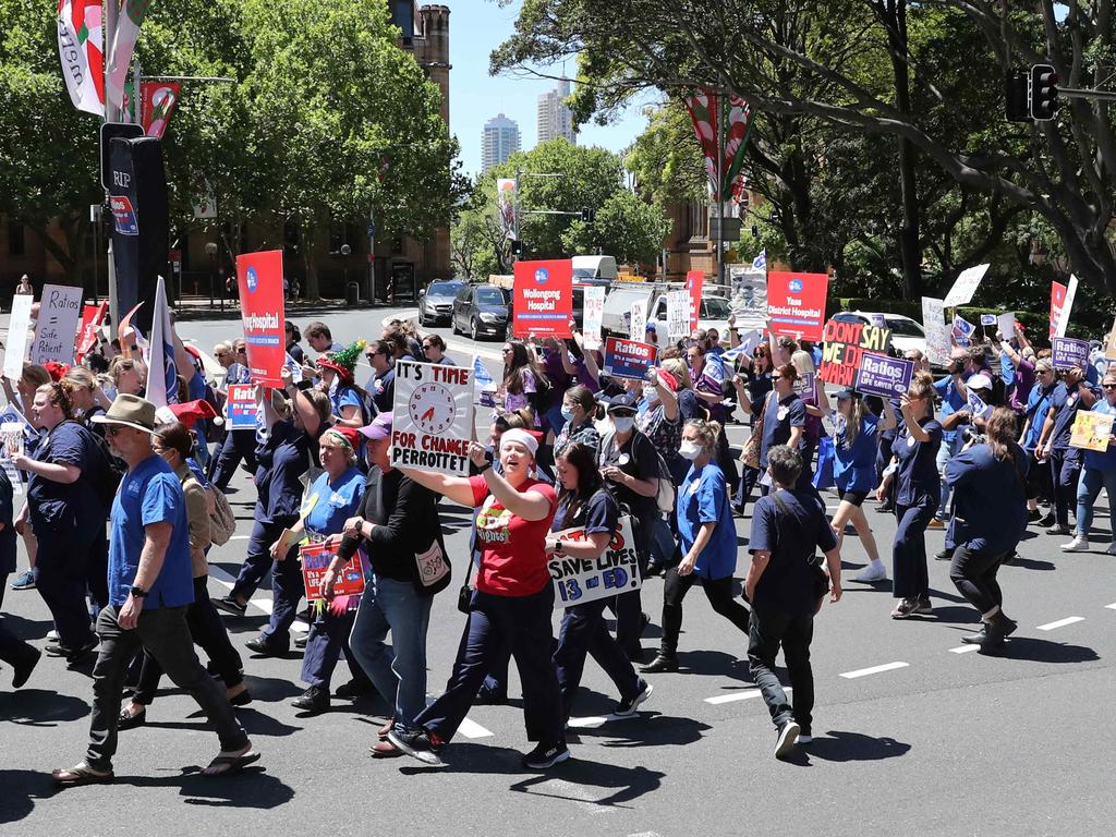 Nurses and Midwives, held their fourth strike today and marched from Hyde Park and along Macquarie Street. Picture: David Swift