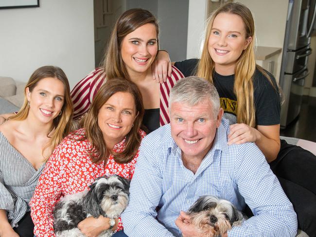 Former Australian rules footballer, coach and football commentator Danny Frawley speaks with Hamish McLachlan. Danny with wife Anita and daughters L to R Danielle, Chelsea and Keeley. Picture: Mark Stewart