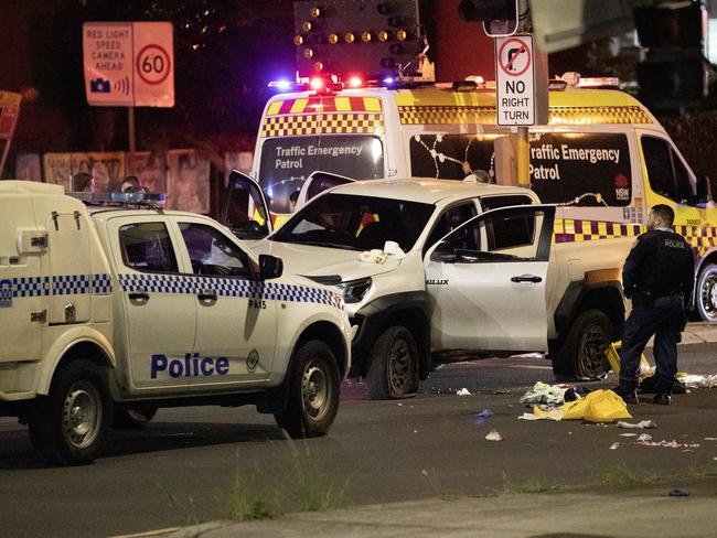 25/05/2025: A view of a crime scene where a shooting occurred at Church St Granville under the M4 overpass. At least two men have been shot in Sydney on Sunday evening. Picture: Liam Mendes / The AustralianPicture: Liam Mendes / The Australian