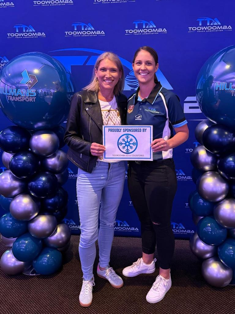 Orchy Masters players Kellie Ryan and Jodie May at the Toowoomba Elite Touch draft night. Picture: Toowoomba Touch Association.