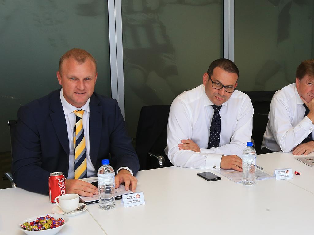 (L-R) Mariners CEO Shaun Mielekamp, Victory chairman Anthony Di Pietro and A-League clubs’ representative Greg Griffin in previous talks. Pic: Mark Evans