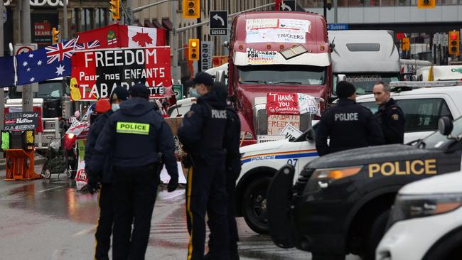 Police officers in downtown Ottawa as demonstrators continue to protest the vaccine mandates. Picture: AFP