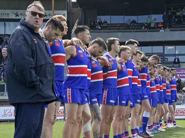 Mick McGuane and the Keilor players before the 2023 EDFL Grand Final. Picture: Andy Brownbill