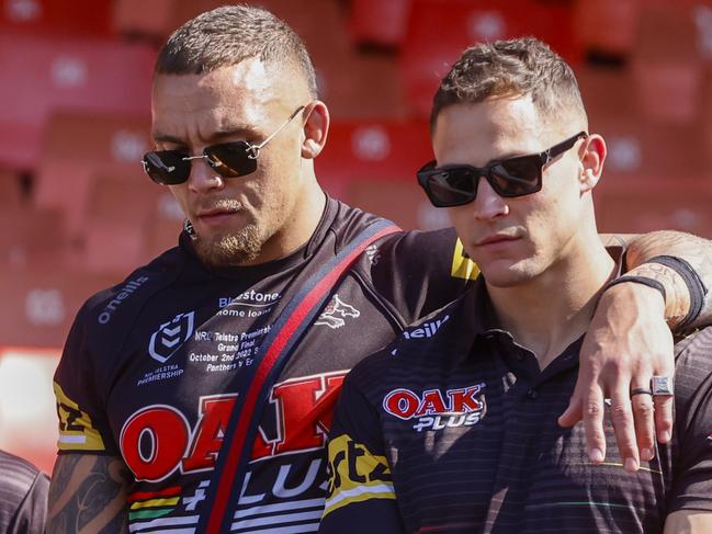 PENRITH, AUSTRALIA - OCTOBER 03: James Fisher-Harris (C) still pictured in his playing kit during a fan day at at BlueBet Stadium after winning last night's NRL Grand Final at BlueBet Stadium on October 03, 2022, in Penrith, Australia. (Photo by Jenny Evans/Getty Images)