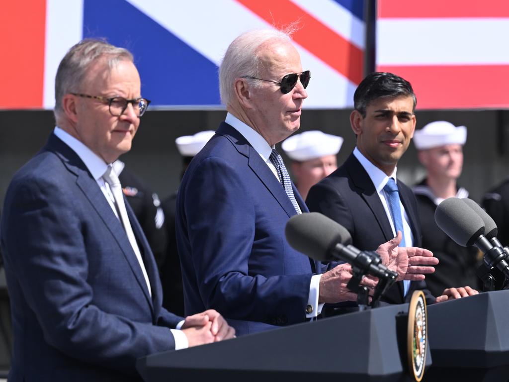 Australian Prime Minister Anthony Albanese, US President Joe Biden and British Prime Minister Rishi Sunak unveil the AUKUS nuclear submarine plan. Picture: Leon Neal/Getty Images