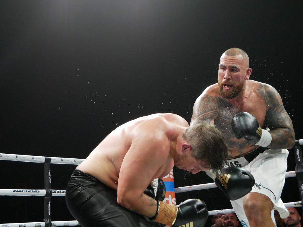 Nelson Asofa-Solomona fights Jarrod Wallace at the Battle of the Reef fight night at the Townsville Entertainment and Convention centre, October 7 2023. Picture: Blair Jackson.