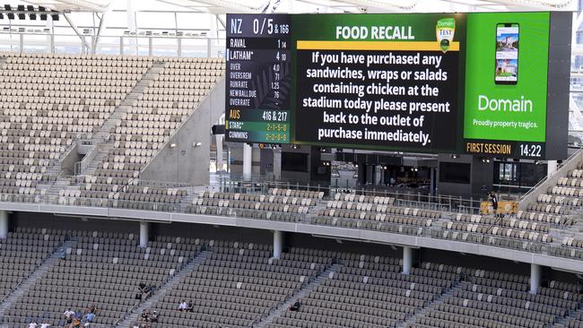 A stadium food recall is seen for spectators on day 4 of the first Test match between Australia and New Zealand at Optus Stadium in Perth, Sunday, December 15, 2019. (AAP Image/Dave Hunt) NO ARCHIVING, EDITORIAL USE ONLY, IMAGES TO BE USED FOR NEWS REPORTING PURPOSES ONLY, NO COMMERCIAL USE WHATSOEVER, NO USE IN BOOKS WITHOUT PRIOR WRITTEN CONSENT FROM AAP