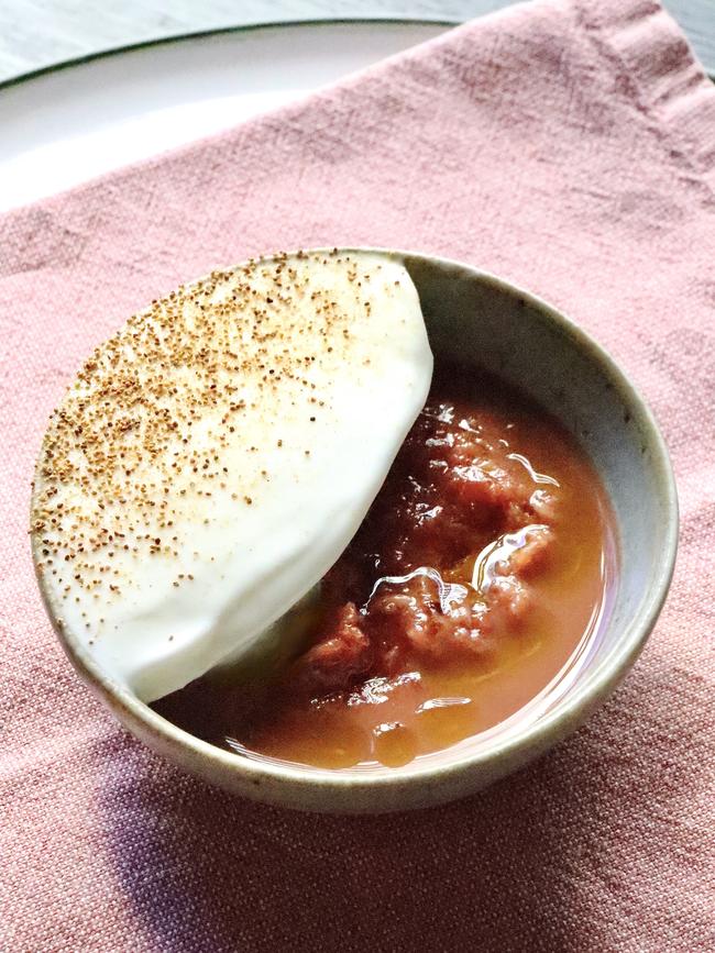 One of Fico’s exquisite desserts – a gelato made from local buffalo milk paired with quinces that have been cooked with emulsified bee’s wax. Picture: Oskar Rossi