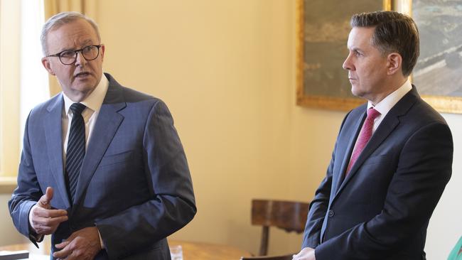 Anthony Albanese and Mark Butler (right) in Hobart. Picture: Chris Kidd