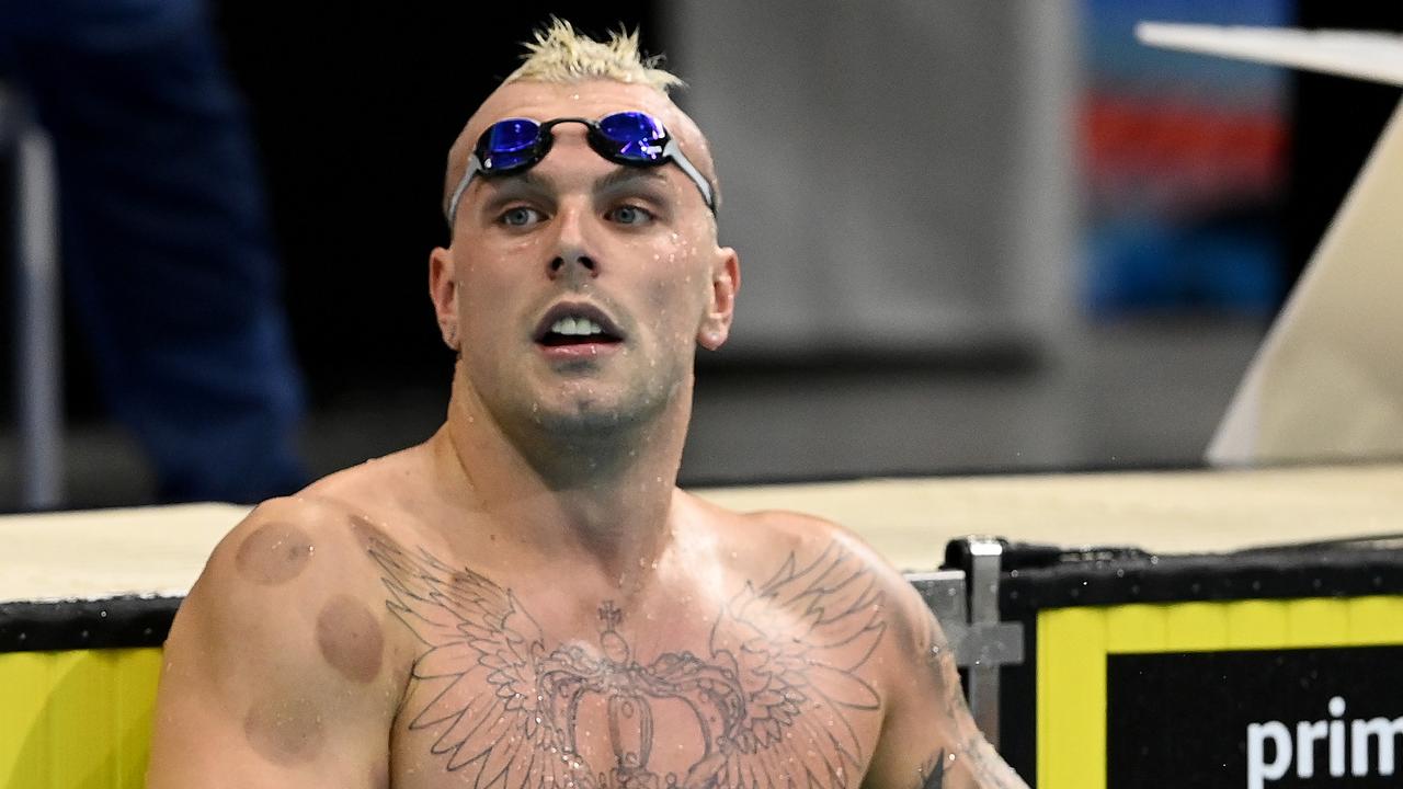 ADELAIDE, AUSTRALIA - MAY 18: Kyle Chalmers catches his breath after cmpeting in the Mens 100 metre Butterfly during day one of the 2022 Australian Swimming Championships at SA Aquatic &amp; Leisure Centre on May 18, 2022 in Adelaide, Australia. (Photo by Quinn Rooney/Getty Images)