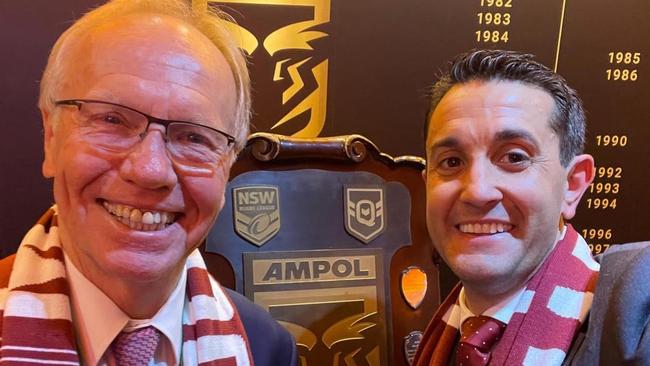 Former Labor Premier Peter Beattie with LNP leader David Crisafulli at the State of Origin decider in Brisbane. Picture: Supplied