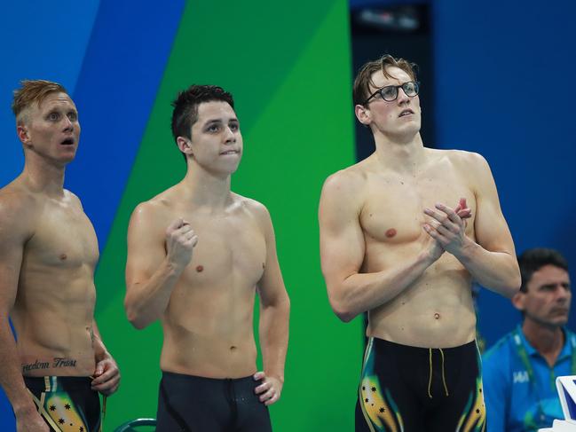 Australia's Daniel Smith Jacob Hansford and Mack Horton in the Men's 200m Freestyle Relay on Day 4 of the swimming at the Rio 2016 Olympic Games. Picture. Phil Hillyard