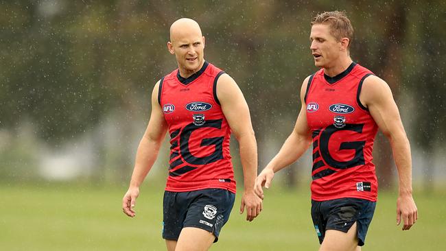 Gary Ablett and Scott Selwood at Geelong training. Picture: Alison Wynd