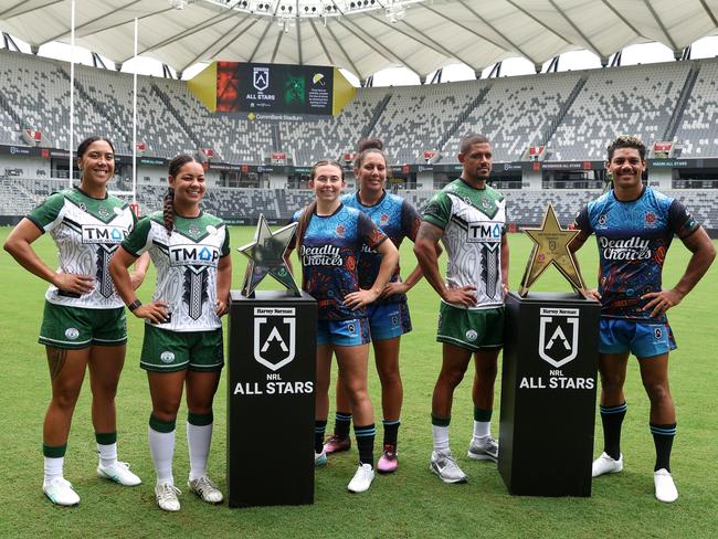 Women's Maori All Stars captains Kennedy Cherrington with other mens and womens All Stars captains. Picture: Brendon Thorne/Getty Images