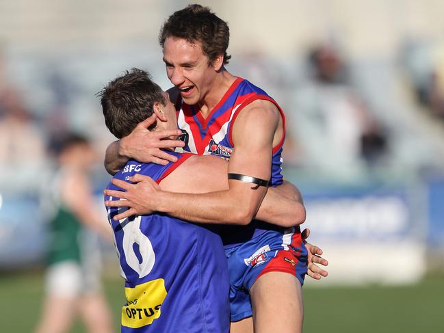 Tom Maas celebrates a goal in the 2012 GFL grand final.