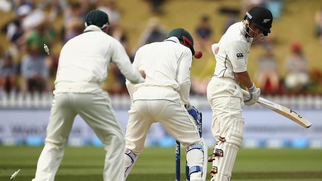 WELLINGTON, NEW ZEALAND - FEBRUARY 15: BJ Watling of New Zealand is bowled by Nathan Lyon of Australia during day four of the Test match between New Zealand and Australia at Basin Reserve on February 15, 2016 in Wellington, New Zealand. (Photo by Ryan Pierse/Getty Images)