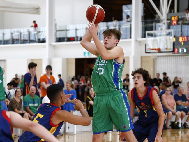 Reuben Nicholas of the GC Waves in their game against the Brisbane Capitals during the QLD basketball championships on the Gold Coast. Picture: Tertius Pickard