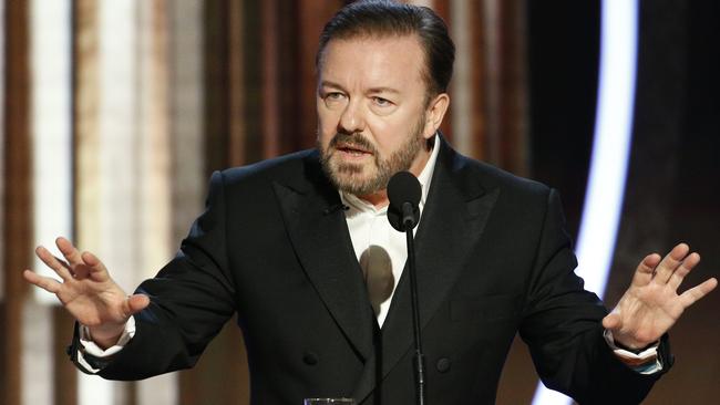 BEVERLY HILLS, CALIFORNIA - JANUARY 04: In this handout photo provided by NBCUniversal Media, LLC,  host Ricky Gervais speaks onstage during the 76th Annual Golden Globe Awards at The Beverly Hilton Hotel on January 5, 2020 in Beverly Hills, California. (Photo by Paul Drinkwater/NBCUniversal Media, LLC via Getty Images)