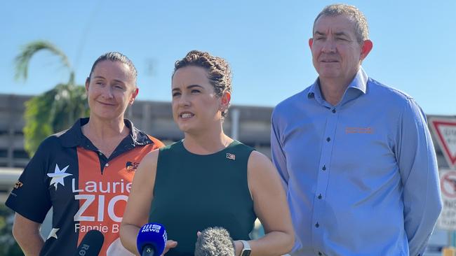 CLP Fannie Bay candidate Laurie Zio, Opposition Leader Lia Finocchiaro and Deputy Opposition Leader Gerard Maley. Picture: Fia Walsh.